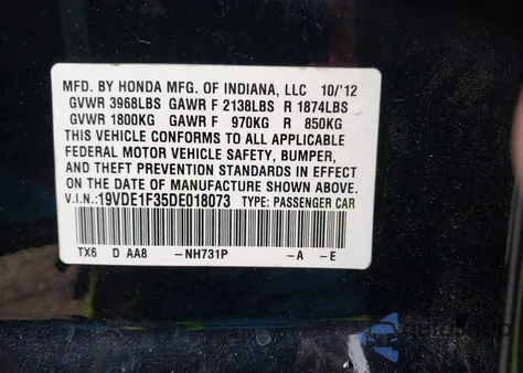 2013 Acura Ilx 2.0L from USA, damaged, VIN 19VDE1F35DE018073